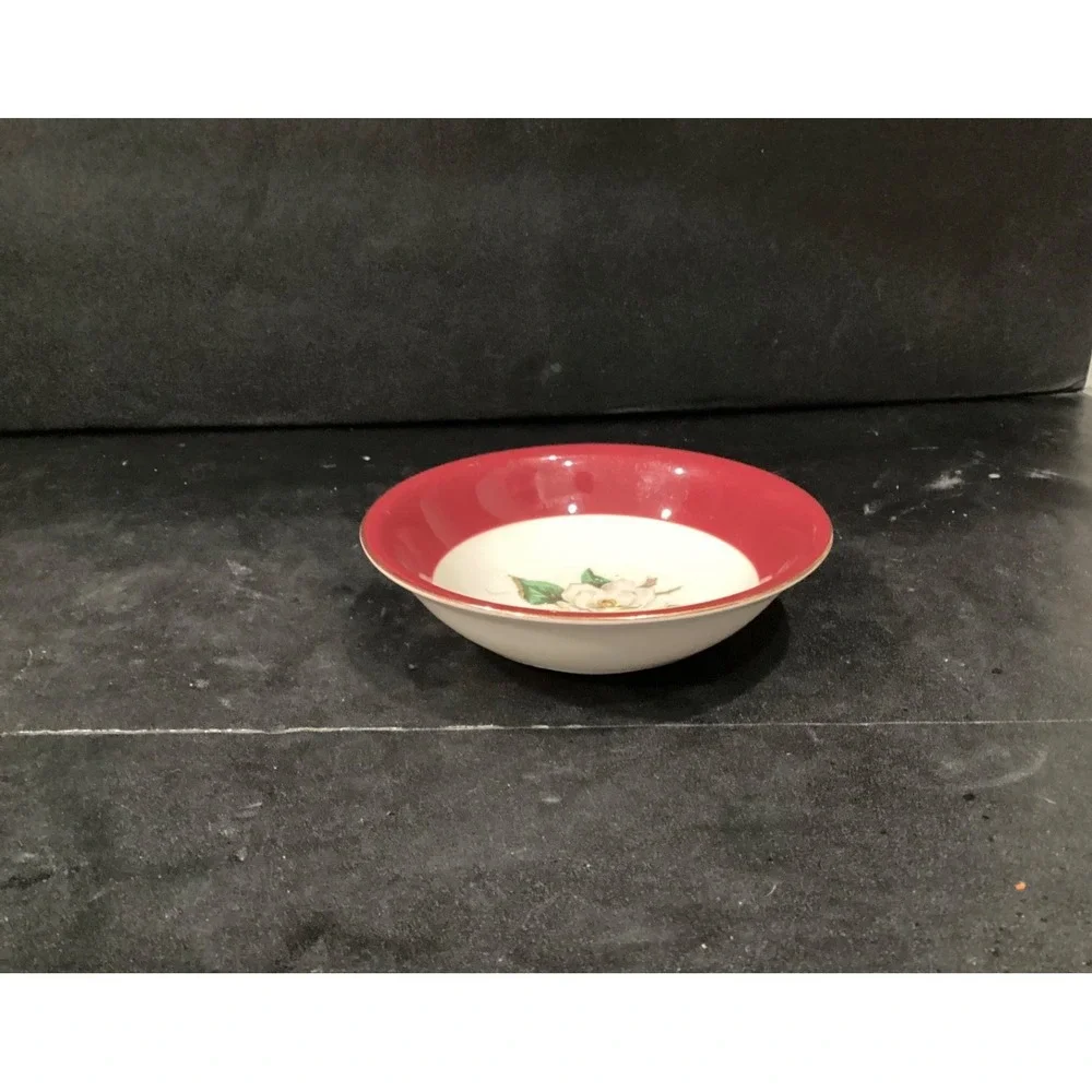 Lifetime China Co Burgundy w White Magnolia Semi-Vitrous 2 Dessert Berry Bowls